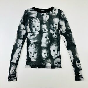 Creepy Doll Head mesh top Womens XS long sleeve Goth Punk Emo stretchy